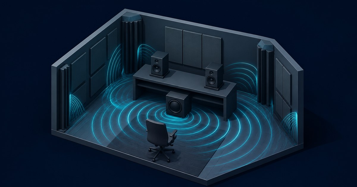 Dark isometric studio with two monitor speakers, a central subwoofer, acoustic wall panels, a desk, chair, and cyan sound waves.