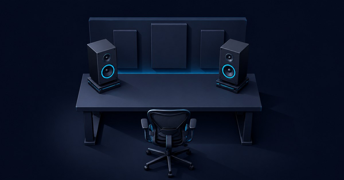 Two studio monitors sit symmetrically on isolation stands atop a wide desk, aimed toward a central chair in a dark acoustic-treated room.