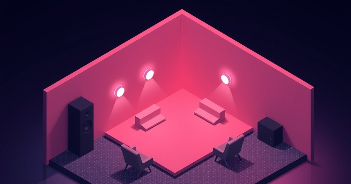 Flat isometric illustration of a pink room corner with three wall lights, a tall speaker, a subwoofer, two armchairs and two low benches on a dark floor.