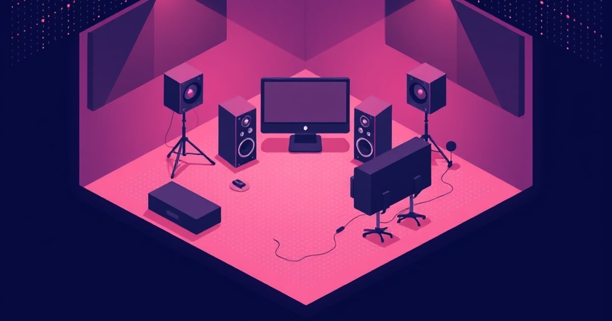 Isometric room with tower speakers and stand-mounted monitors angled inward toward a console and an acoustic back panel, showing nearfield placement