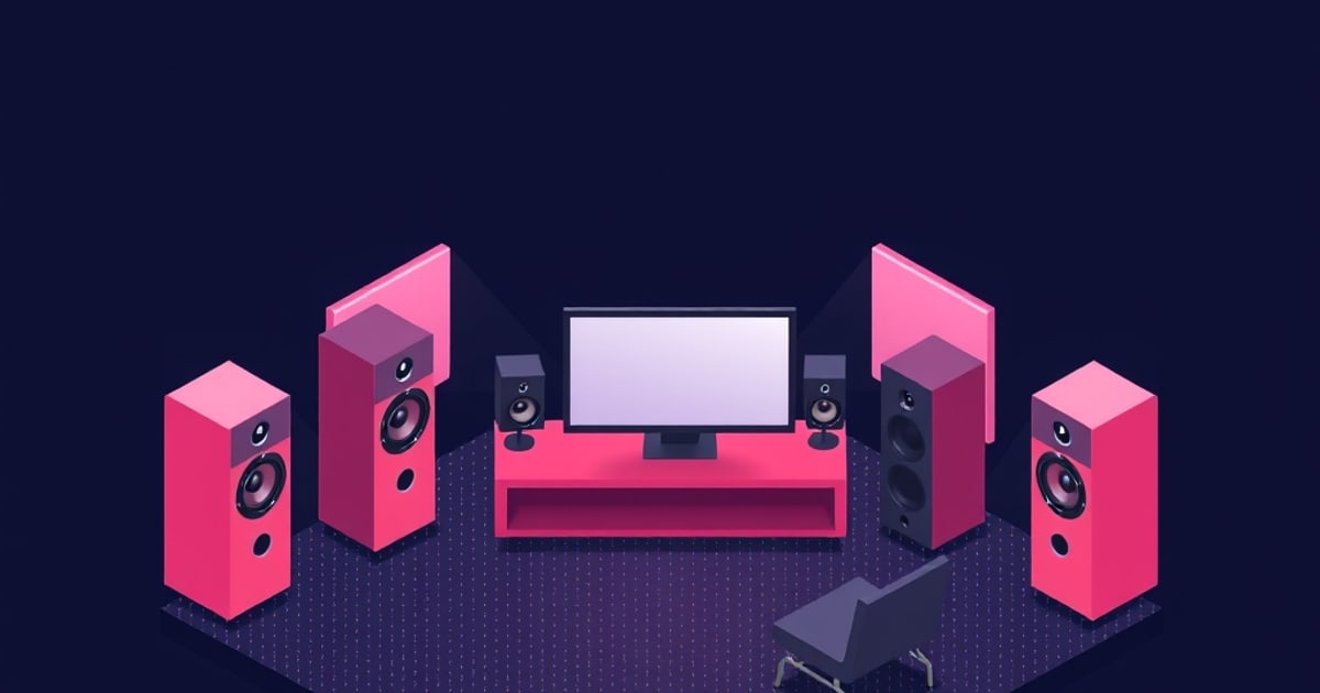 Flat isometric illustration of a pink listening room with a blank TV on a low console, two small monitors, four tall speakers, wall panels and one chair.