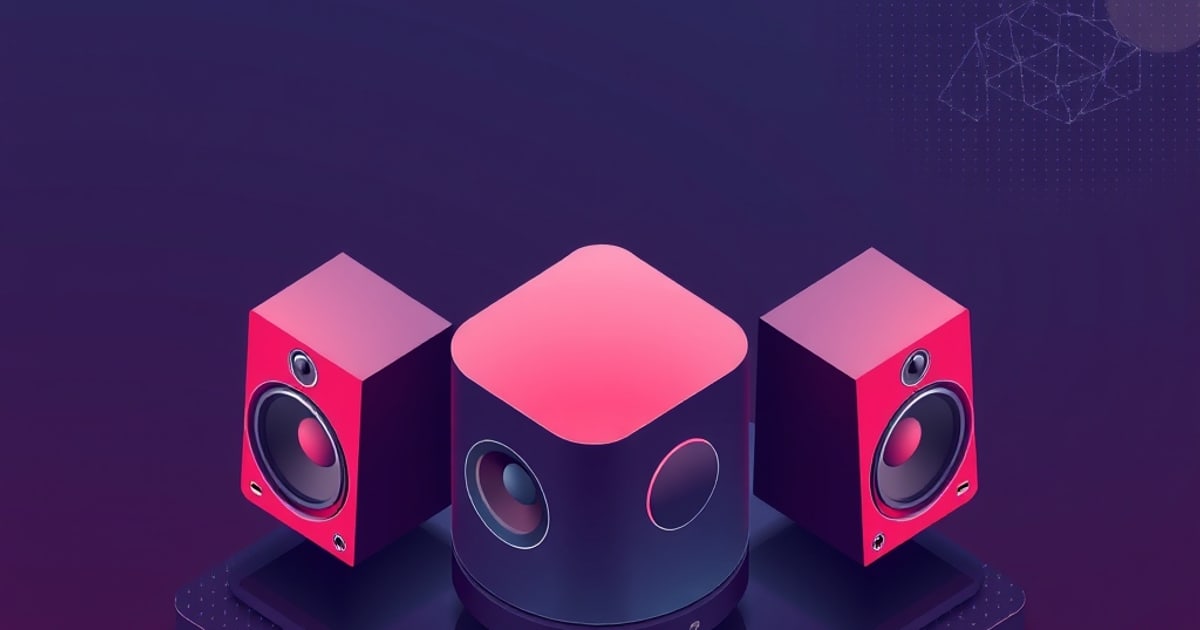Two pink and purple studio monitor speakers flank a rounded cube subwoofer on a dark platform, shown in a glossy isometric style against a deep purple backdrop.