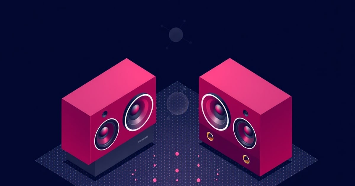 Flat isometric illustration of two magenta two-way speaker cabinets facing each other on dark plinths against a deep navy background.